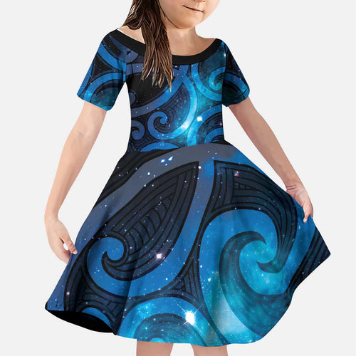 New Zealand Maori Matariki Kid Short Sleeve Dress Galaxy Kowhaiwhai