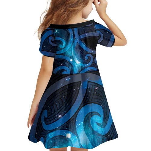 New Zealand Maori Matariki Kid Short Sleeve Dress Galaxy Kowhaiwhai