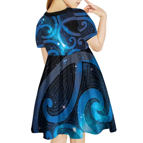 New Zealand Maori Matariki Kid Short Sleeve Dress Galaxy Kowhaiwhai