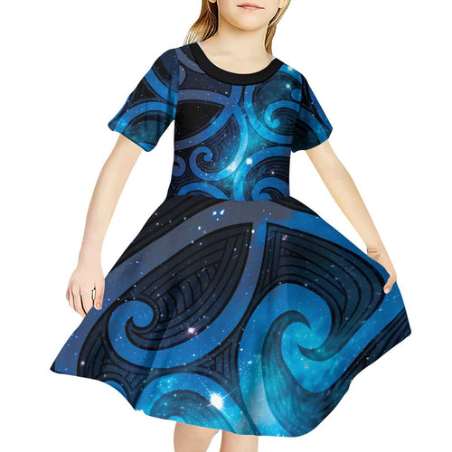 New Zealand Maori Matariki Kid Short Sleeve Dress Galaxy Kowhaiwhai
