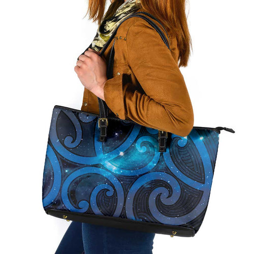 New Zealand Maori Matariki Leather Tote Bag Galaxy Kowhaiwhai