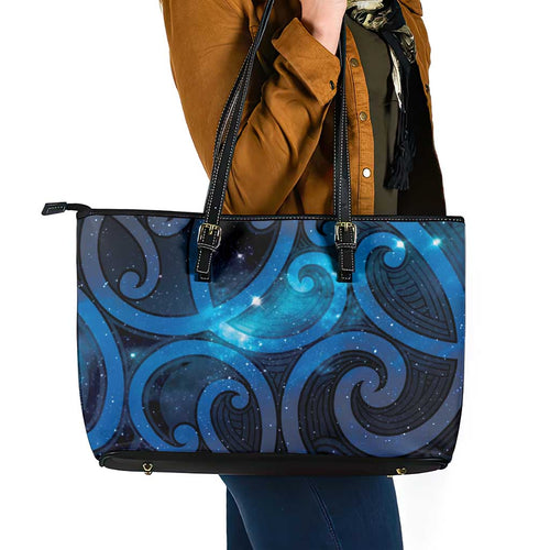 New Zealand Maori Matariki Leather Tote Bag Galaxy Kowhaiwhai