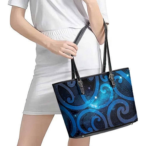 New Zealand Maori Matariki Leather Tote Bag Galaxy Kowhaiwhai