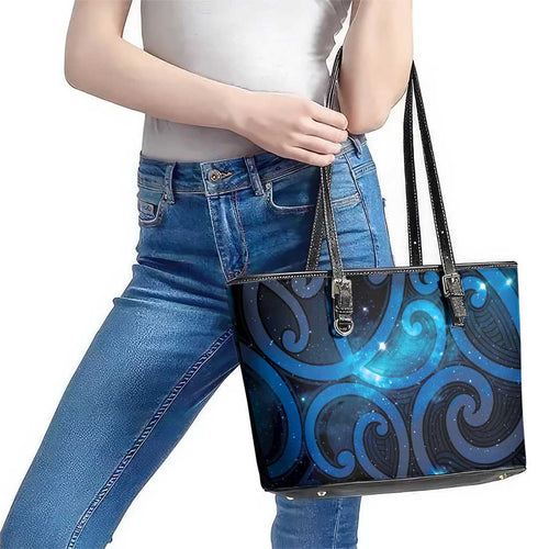New Zealand Maori Matariki Leather Tote Bag Galaxy Kowhaiwhai