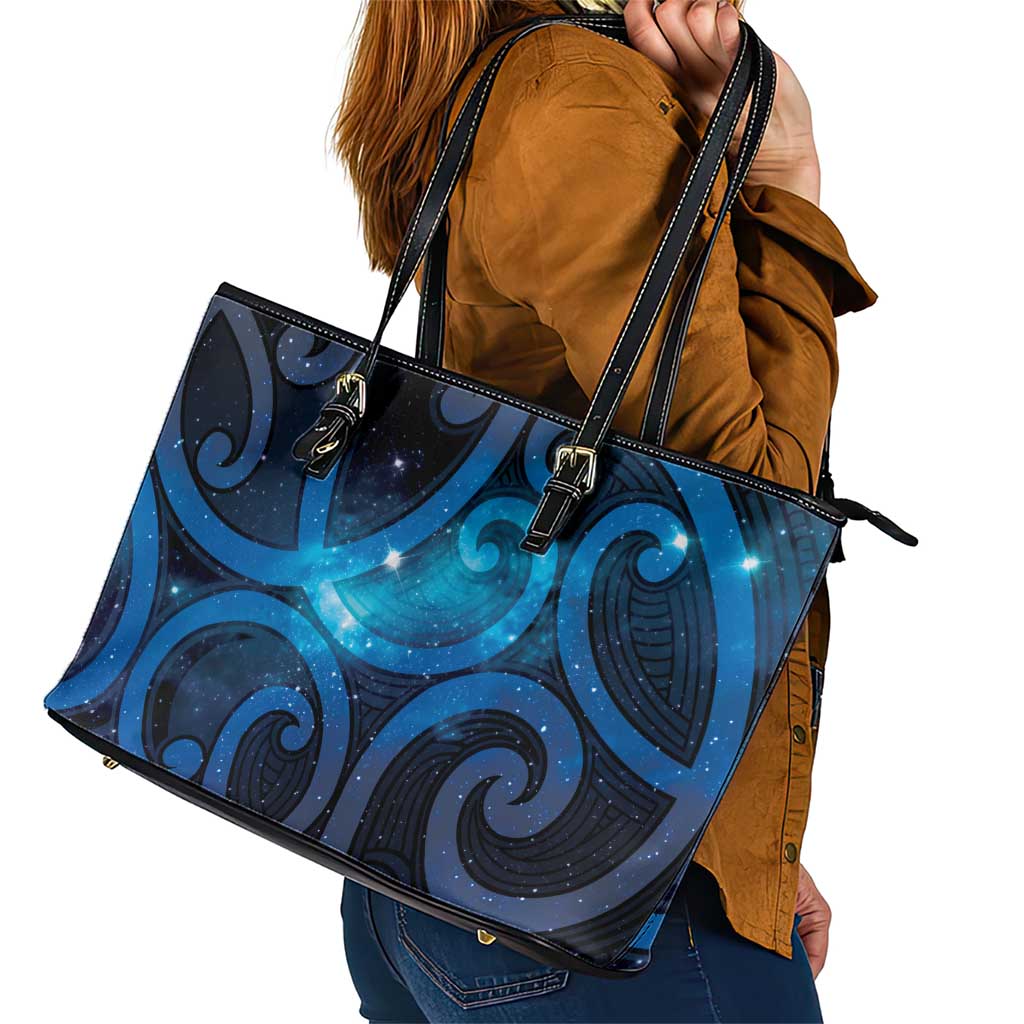 New Zealand Maori Matariki Leather Tote Bag Galaxy Kowhaiwhai