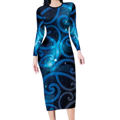 New Zealand Maori Matariki Long Sleeve Bodycon Dress Galaxy Kowhaiwhai
