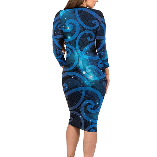 New Zealand Maori Matariki Long Sleeve Bodycon Dress Galaxy Kowhaiwhai