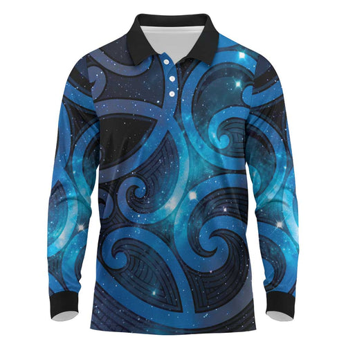 New Zealand Maori Matariki Long Sleeve Polo Shirt Galaxy Kowhaiwhai