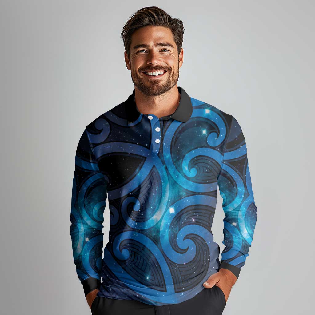 New Zealand Maori Matariki Long Sleeve Polo Shirt Galaxy Kowhaiwhai