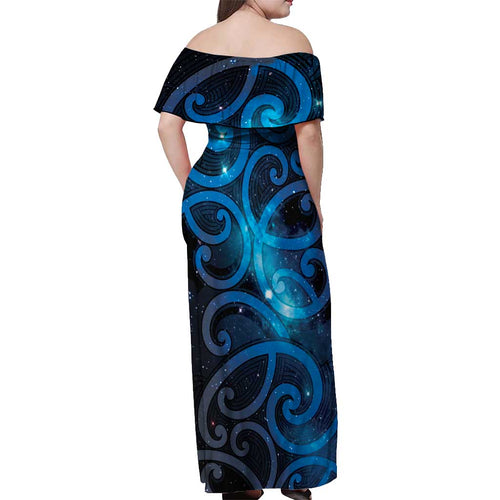 New Zealand Maori Matariki Off Shoulder Maxi Dress Galaxy Kowhaiwhai