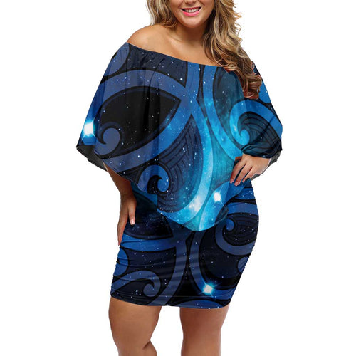 New Zealand Maori Matariki Off Shoulder Short Dress Galaxy Kowhaiwhai