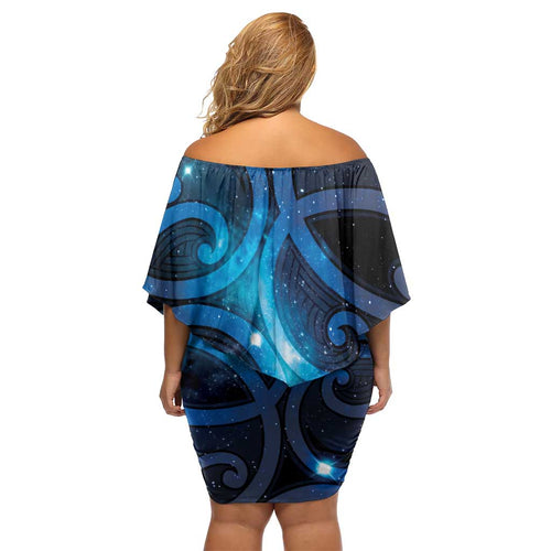 New Zealand Maori Matariki Off Shoulder Short Dress Galaxy Kowhaiwhai