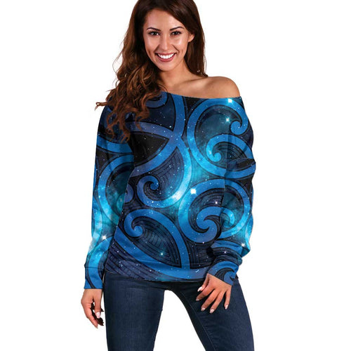 New Zealand Maori Matariki Off Shoulder Sweater Galaxy Kowhaiwhai