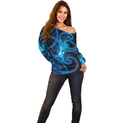 New Zealand Maori Matariki Off Shoulder Sweater Galaxy Kowhaiwhai