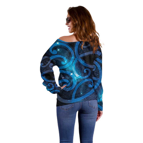 New Zealand Maori Matariki Off Shoulder Sweater Galaxy Kowhaiwhai