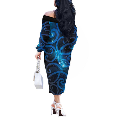 New Zealand Maori Matariki Off The Shoulder Long Sleeve Dress Galaxy Kowhaiwhai