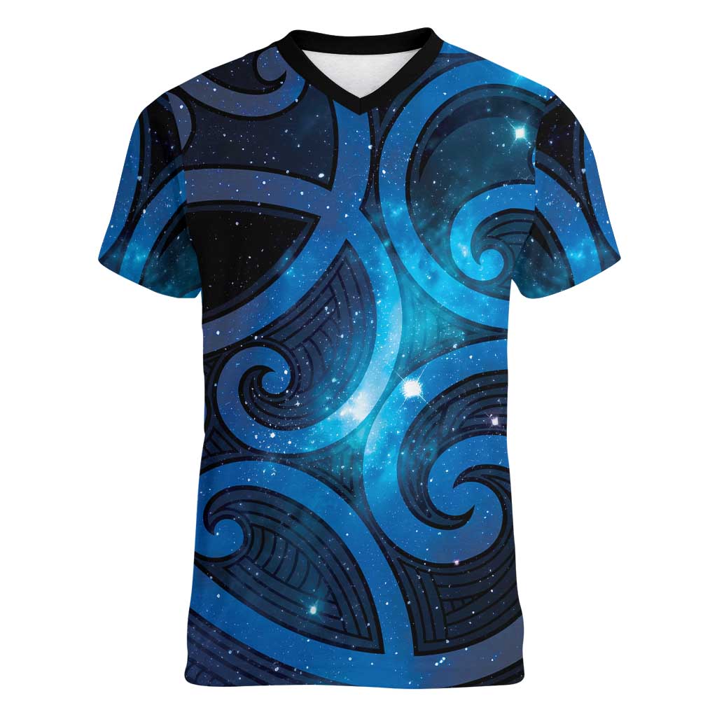New Zealand Maori Matariki Women V-Neck T-Shirt Galaxy Kowhaiwhai