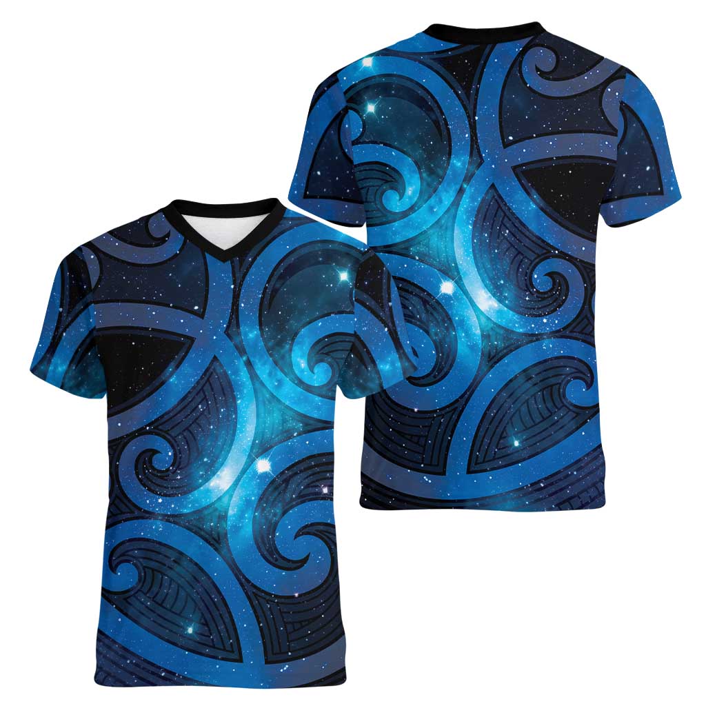 New Zealand Maori Matariki Women V-Neck T-Shirt Galaxy Kowhaiwhai