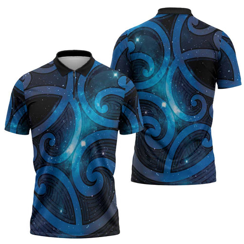 New Zealand Maori Matariki Zipper Polo Shirt Galaxy Kowhaiwhai