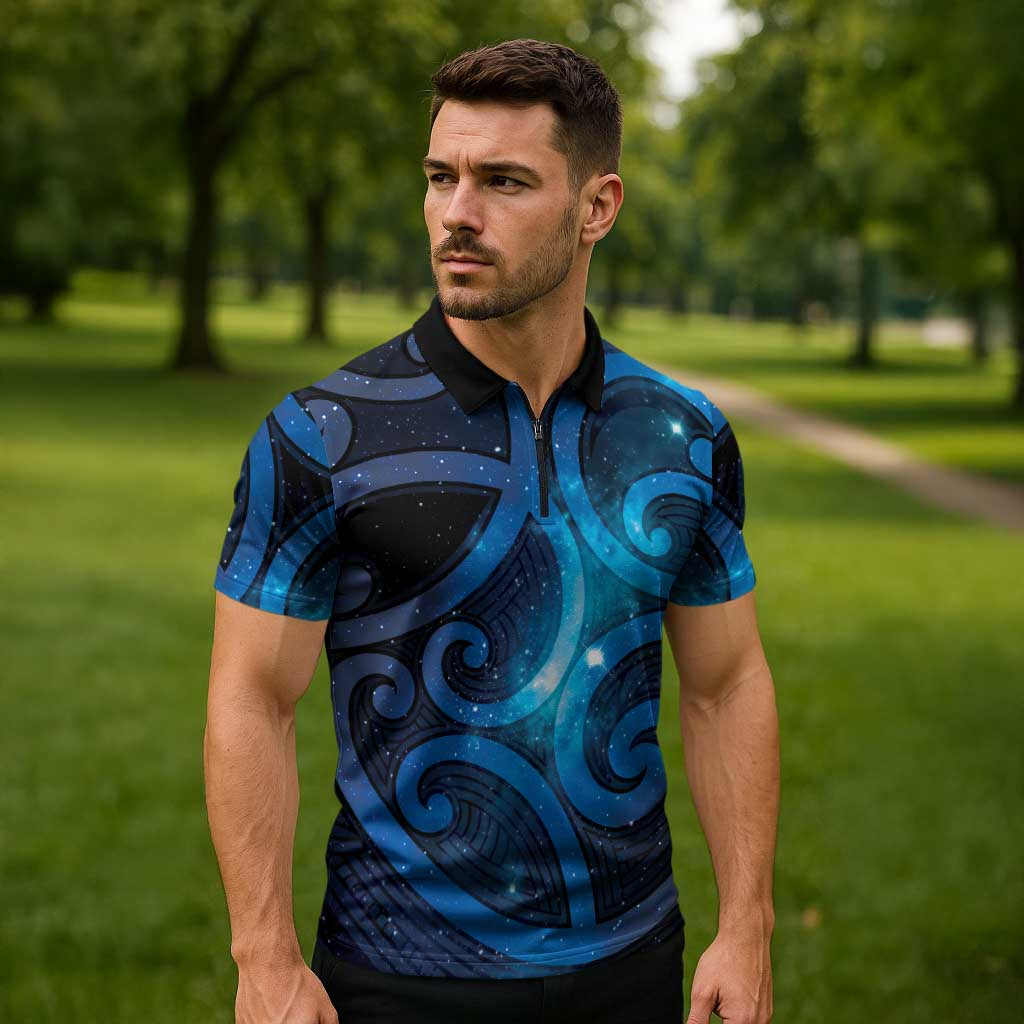 New Zealand Maori Matariki Zipper Polo Shirt Galaxy Kowhaiwhai