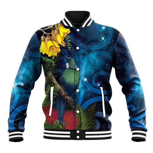 Tui Bird New Zealand Starry Sky Baseball Jacket Maori Koru