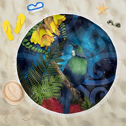 Tui Bird New Zealand Starry Sky Beach Blanket Maori Koru
