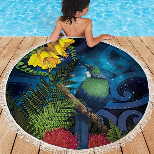 Tui Bird New Zealand Starry Sky Beach Blanket Maori Koru