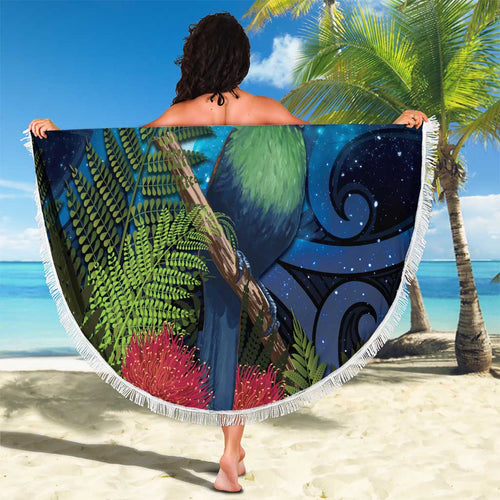 Tui Bird New Zealand Starry Sky Beach Blanket Maori Koru