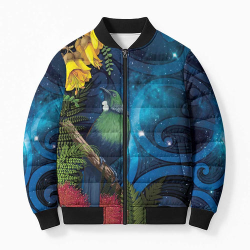 Tui Bird New Zealand Starry Sky Bomber Puffer Jacket Maori Koru