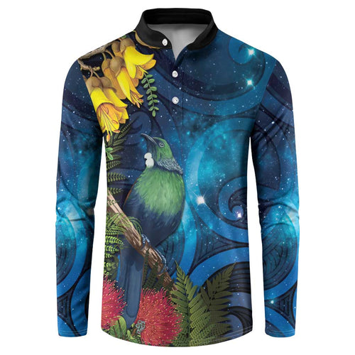 Tui Bird New Zealand Starry Sky Button Sweatshirt Maori Koru