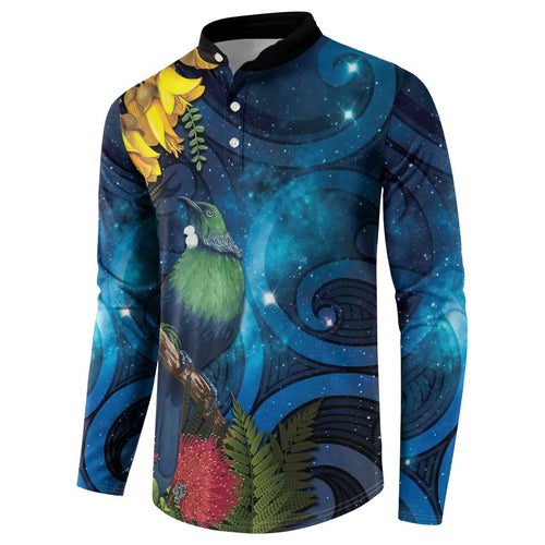 Tui Bird New Zealand Starry Sky Button Sweatshirt Maori Koru
