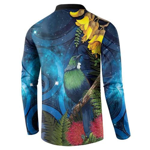 Tui Bird New Zealand Starry Sky Button Sweatshirt Maori Koru