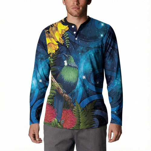Tui Bird New Zealand Starry Sky Button Sweatshirt Maori Koru