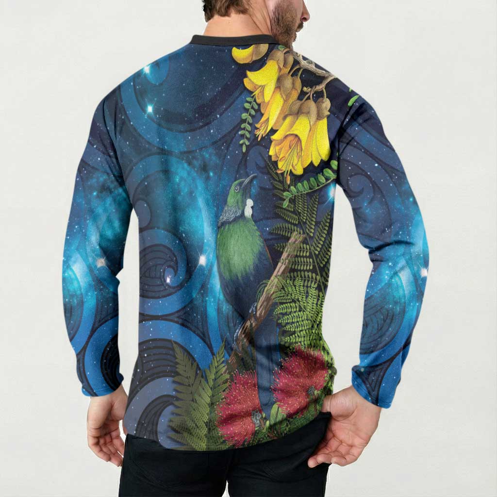 Tui Bird New Zealand Starry Sky Button Sweatshirt Maori Koru