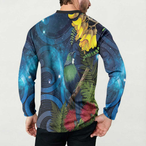 Tui Bird New Zealand Starry Sky Button Sweatshirt Maori Koru