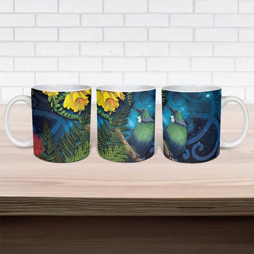 Tui Bird New Zealand Starry Sky Ceramic Mug Maori Koru