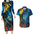 Tui Bird New Zealand Starry Sky Couples Matching Long Sleeve Bodycon Dress and Hawaiian Shirt Maori Koru