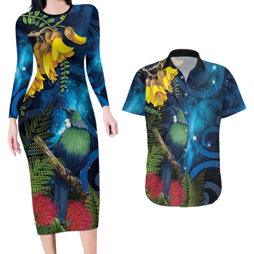 Tui Bird New Zealand Starry Sky Couples Matching Long Sleeve Bodycon Dress and Hawaiian Shirt Maori Koru
