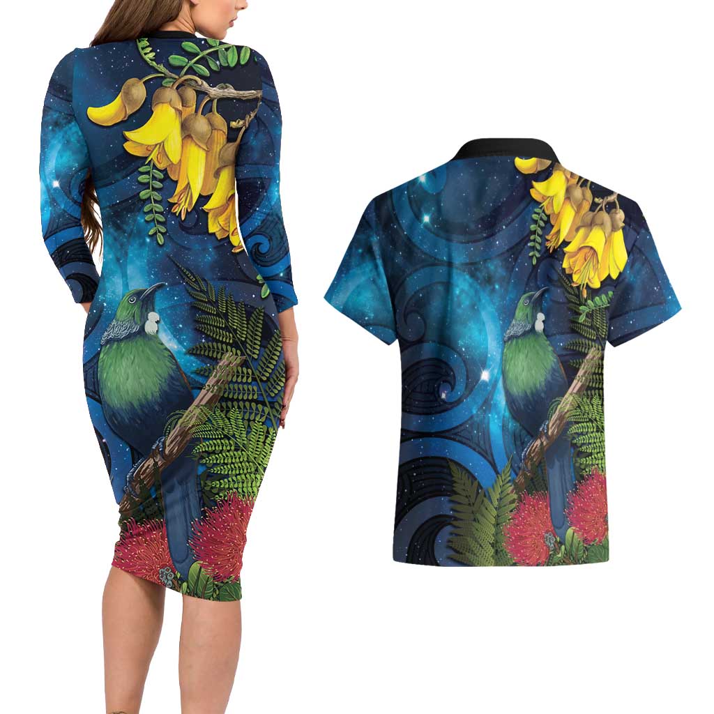 Tui Bird New Zealand Starry Sky Couples Matching Long Sleeve Bodycon Dress and Hawaiian Shirt Maori Koru