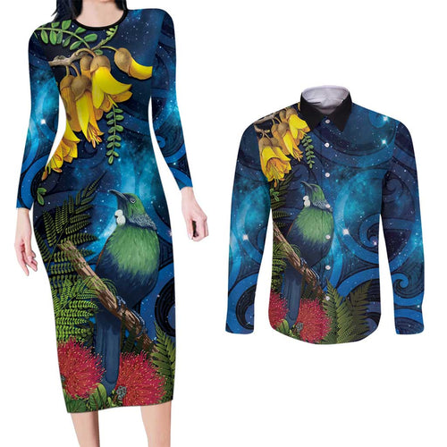 Tui Bird New Zealand Starry Sky Couples Matching Long Sleeve Bodycon Dress and Long Sleeve Button Shirt Maori Koru