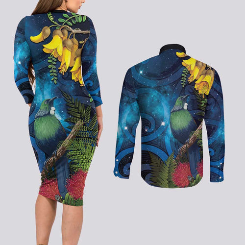 Tui Bird New Zealand Starry Sky Couples Matching Long Sleeve Bodycon Dress and Long Sleeve Button Shirt Maori Koru