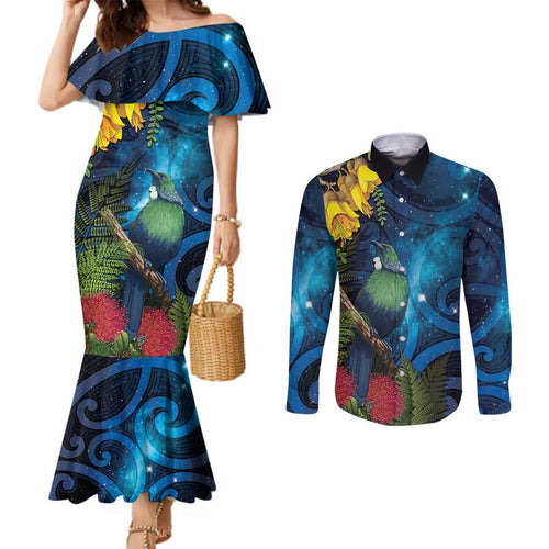 Tui Bird New Zealand Starry Sky Couples Matching Mermaid Dress and Long Sleeve Button Shirt Maori Koru
