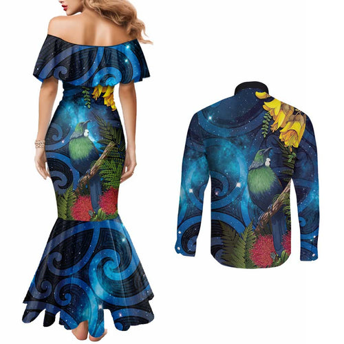 Tui Bird New Zealand Starry Sky Couples Matching Mermaid Dress and Long Sleeve Button Shirt Maori Koru