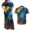 Tui Bird New Zealand Starry Sky Couples Matching Off Shoulder Maxi Dress and Hawaiian Shirt Maori Koru