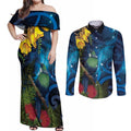 Tui Bird New Zealand Starry Sky Couples Matching Off Shoulder Maxi Dress and Long Sleeve Button Shirt Maori Koru