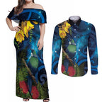Tui Bird New Zealand Starry Sky Couples Matching Off Shoulder Maxi Dress and Long Sleeve Button Shirt Maori Koru