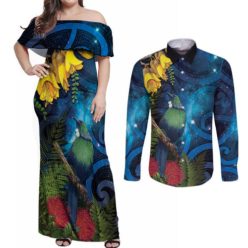 Tui Bird New Zealand Starry Sky Couples Matching Off Shoulder Maxi Dress and Long Sleeve Button Shirt Maori Koru