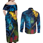Tui Bird New Zealand Starry Sky Couples Matching Off Shoulder Maxi Dress and Long Sleeve Button Shirt Maori Koru