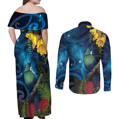 Tui Bird New Zealand Starry Sky Couples Matching Off Shoulder Maxi Dress and Long Sleeve Button Shirt Maori Koru