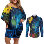 Tui Bird New Zealand Starry Sky Couples Matching Off Shoulder Short Dress and Long Sleeve Button Shirt Maori Koru